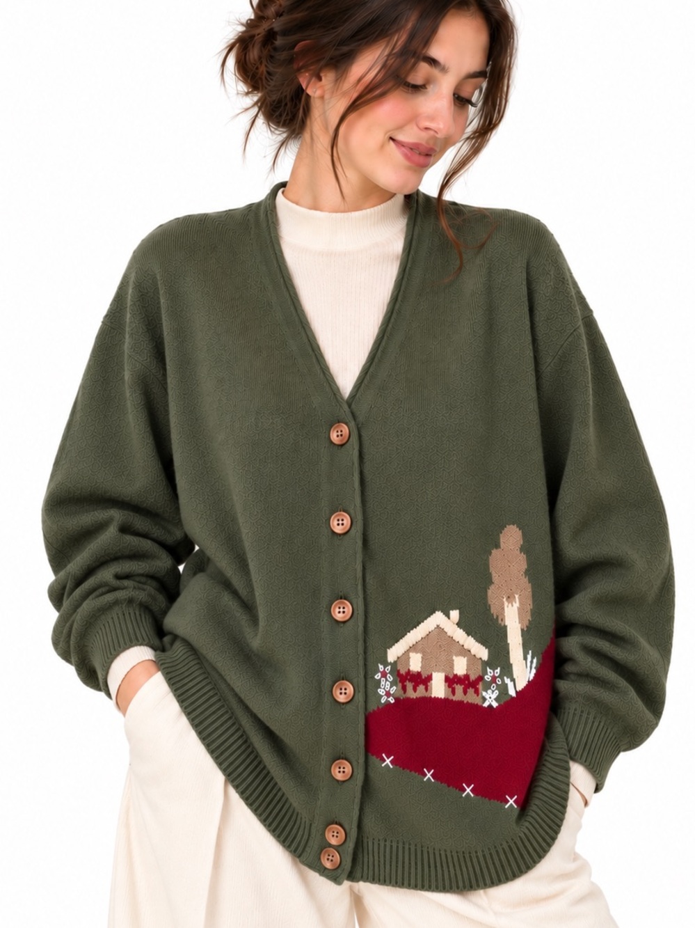 Vintage Cottagecore Cotton Cardigan Sweater - Noren - Olive Green